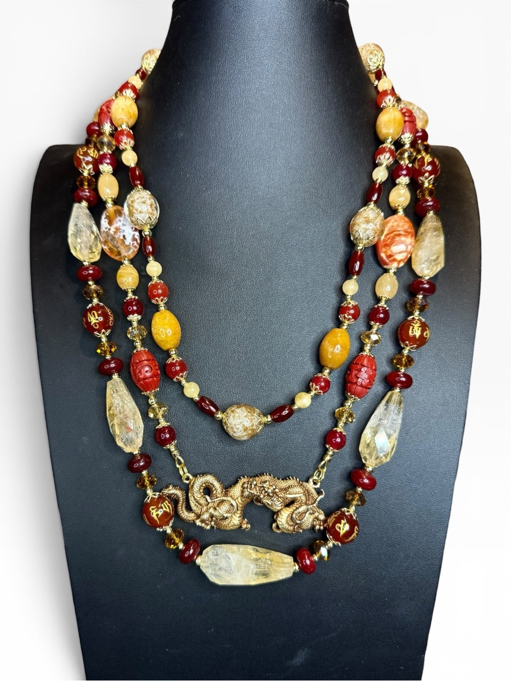 SOLD-ARTISAN Ruby, Citrine & Carnelian Multi-Strand Alva Museum Pendant Necklace - Picture 3 of 7